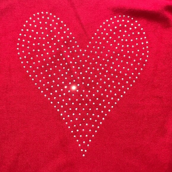 80 Park Red Puff Sleeve Knit Top w/ Rhinestone Heart Design Womens Size L - Picture 4 of 6